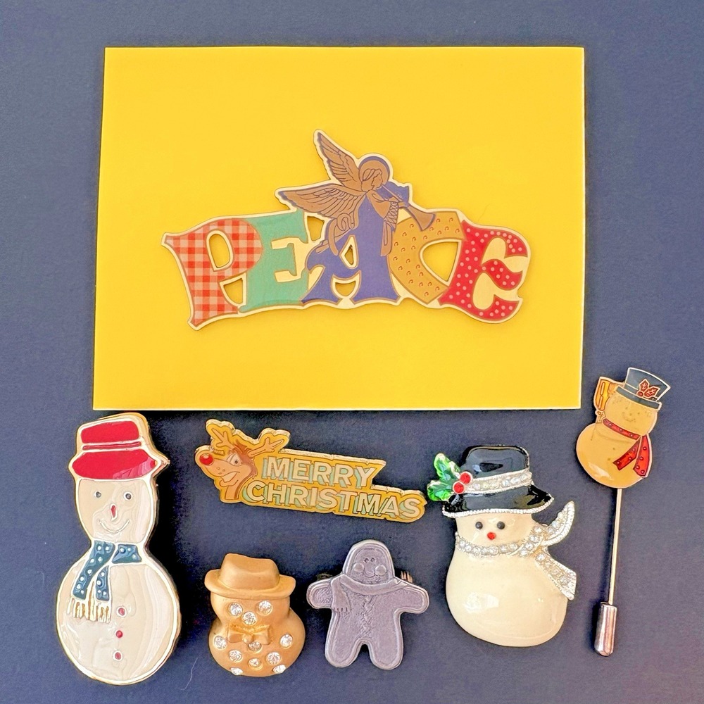 Vintage Christmas Brooches Snowman Peace Gingerbread Man Lot of 7 Holiday Retro